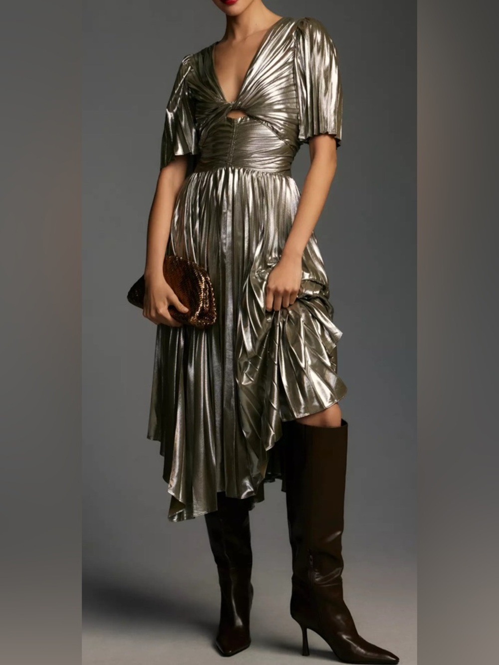 NWT Anthropologie Short Sleeve Metallic Cut Out Midi Dress Size S